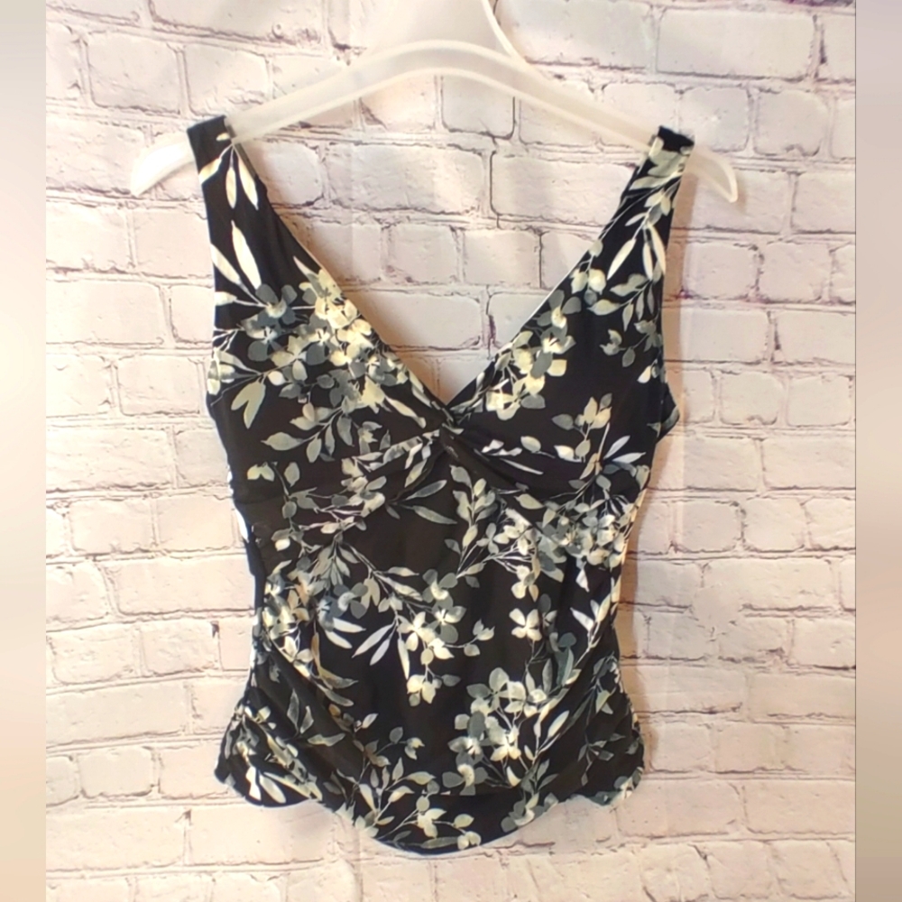 Lands' End Swim Tankini Black Grey 14 Swim Top Shelf Bra Floral